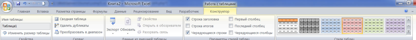 Раздел Конструктор в Эксель