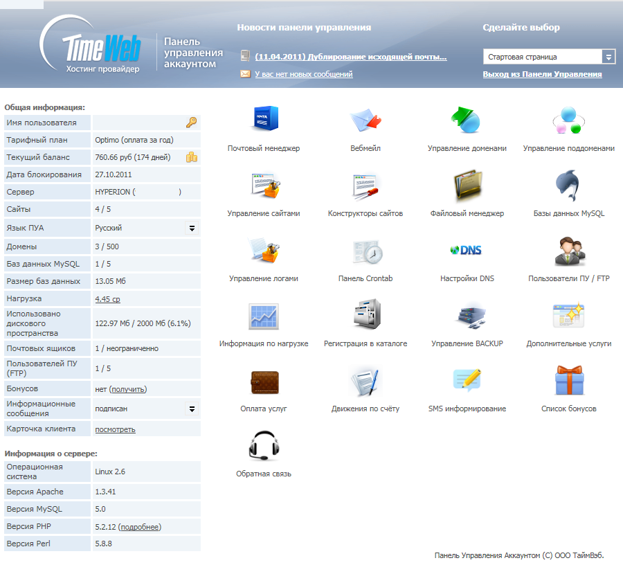 Панель управления аккаунтом хостинг-компании TimeWeb